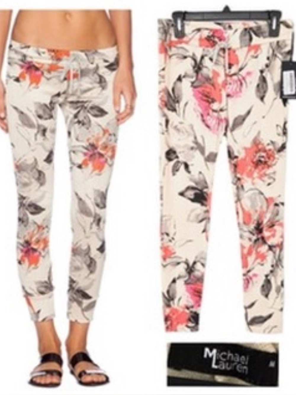 Michael Lauren Cream Floral Jogger Pants with Pink & Coral Accents